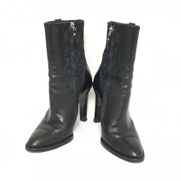 100% Authentic LOUIS VUITTON Black Women's Boots Monogram Mini Canvas Leather - Picture 2 of 9